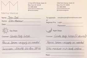 Example of a Skincare Regimen card, provided to patients for their aftercare